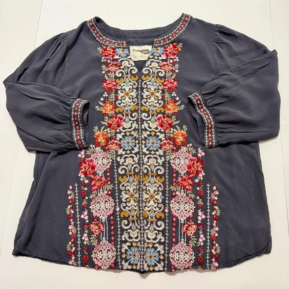 Savanna Jane Charcoal Gray Embroidered Tunic Top Size Large Boho Peasant Blouse - Picture 7 of 13